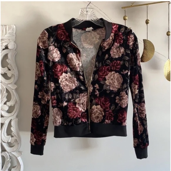 🪞 chic black velour rose zip up bomber long sleeve jacket - Picture 1 of 5